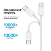 A white USB-C cable with two connectors is shown against a white background, with text highlighting its durability and testing. Produktbild-Vorschau