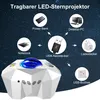 Diagram showing how a portable LED star projector can be powered by various sources. Voir les images du produit