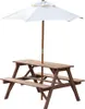 A wooden picnic table with attached benches and a white umbrella, isolated on a white background. Produktbild-Vorschau