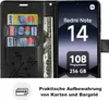 A black wallet-style phone case with credit cards and a banknote inserted, alongside a smartphone displaying product specifications. Produktbild-Vorschau