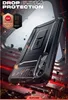 A black phone case is shown in a dynamic, action-oriented scene with debris and sparks flying around it. Produktbild-Vorschau