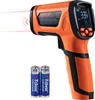An orange and black infrared thermometer with two AA batteries in front of it, set against a white background. Podgląd zdjęcia produktu