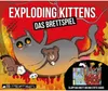 The image is a marketing image for the board game Exploding Kittens, featuring a cartoon illustration of a cat on fire with a teddy bear. There is also a smaller inset image showing the game's components. Produktbild-Vorschau