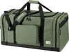 A green duffel bag with black accents and straps, shown from the front. Produktbild-Vorschau