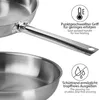 Close-up shots of a stainless steel frying pan, highlighting its handle and rim, with accompanying text describing its features. Produktbild-Vorschau