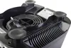 A close-up view of the underside of a black appliance, showing the power cord plug, ventilation grilles, and rubber feet. Podgląd zdjęcia produktu