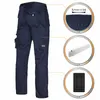 A pair of navy blue work pants with various pockets and features highlighted by circular diagrams. Produktbild-Vorschau