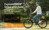 A man is riding an electric bicycle outdoors in a park-like setting, with text overlays highlighting the bike's features and range. Produktbild-Vorschau