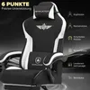 A gaming chair with various support points highlighted by text and icons. Voir les images du produit