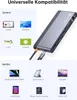 A docking station is shown with compatibility information for various operating systems and devices. Produktbild-Vorschau