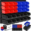 A wall-mounted storage system with multiple bins in red, blue, and black, along with some loose hardware and smaller bins shown in the foreground. Produktbild-Vorschau