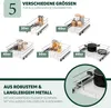Collage of different sizes of pull-out kitchen drawers with various items inside, and a close-up of a drawer mechanism. Produktbild-Vorschau
