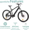 A black electric mountain bike is shown against a white background, with feature descriptions and icons below. Produktbild-Vorschau