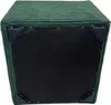 The underside of a dark green corduroy ottoman is shown, with black corner protectors visible. Produktbild-Vorschau