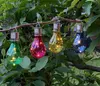 Four colored light bulbs with fairy lights inside are hanging from a tree branch in a garden. Produktbild-Vorschau