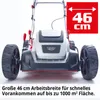 Front view of a red and silver electric lawnmower with large black wheels, set against a white background. A red square overlay with white text indicates the cutting width. Produktbild-Vorschau