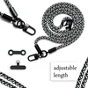 A black and white braided lanyard with metal clasps and attachment accessories, along with a text overlay indicating adjustable length. Produktbild-Vorschau