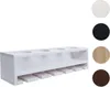 A white wooden wine rack with four circular openings on top and six slots for glasses underneath, shown against a white background. To the right are circular swatches representing different color options: white, black, wood grain, and dark brown. Podgląd zdjęcia produktu