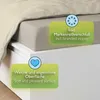 A close-up view of a bed with bedding, highlighting product features with text overlays. Produktbild-Vorschau