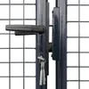 Close-up of a gray metal garden gate with a black handle and keys. Podgląd zdjęcia produktu