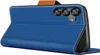 A blue flip case for a smartphone, shown from a diagonal angle with the front cover open. Produktbild-Vorschau