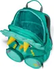 A green dinosaur-themed backpack is shown with its main compartment open. Produktbild-Vorschau