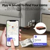 A person is holding a smartphone displaying a map application, while a wallet tracker is shown on the floor near a sofa. The phone screen shows a "Find My" interface with options to play a sound and find nearby. Produktbild-Vorschau