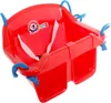 A red plastic baby swing with blue ropes and white straps is shown against a white background. Náhľad obrázku produktu