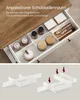 An open drawer showing a kitchen organizer with various containers and utensils, along with a separate diagram illustrating how to assemble the drawer dividers. Produktbild-Vorschau