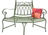 A green metal garden bench with a decorative pillow on it, set against a white background. Náhľad obrázku produktu
