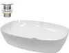 A white ceramic oval washbasin with a chrome drain assembly. Produktbild-Vorschau