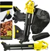 A collage of images showing a leaf blower/vacuum cleaner and its components, along with packaging. Podgląd zdjęcia produktu