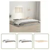 A bedroom scene with a low-profile wooden bed frame and bedding, accompanied by smaller images showing different angles of the bed frame. Produktbild-Vorschau