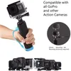 A hand holding a GoPro camera with a grip accessory, with other cameras and text overlays. Produktbild-Vorschau