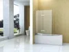 A modern bathroom with a bathtub and shower screen, featuring large tiled walls and a view of greenery through a colonnade. Produktbild-Vorschau