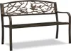 A metal garden bench with a decorative backrest featuring a tree and bird motif, presented on a white background. Produktbild-Vorschau