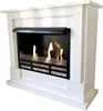 A white gel and ethanol fireplace with a black metal grate and glass front, showing flames. Náhled obrázku produktu