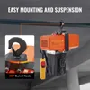 An electric chain hoist is shown suspended from a beam, with a close-up inset highlighting its 360-degree swivel hook. Produktbild-Vorschau
