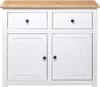 A white sideboard with a wooden top and two drawers and two doors. Podgląd zdjęcia produktu