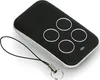 A black and silver remote control with four circular buttons and a small indicator light, attached to a black lanyard with a metal ring. Voir les images du produit