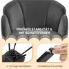 Close-up views of a chair's base and adjustable feet, with text highlighting stability and protective feet. Produktbild-Vorschau