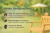 A blurred background of a garden setting with a wooden bench in the foreground, overlaid with marketing text and logos. Produktbild-Vorschau