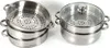 Two stainless steel steamers are shown against a white background. The steamer on the left is stacked with three tiers, while the one on the right has two tiers and a glass lid. Produktbild-Vorschau