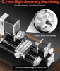 A close-up marketing image of a mini metal lathe with text overlays highlighting its features. Anteprima dell’immagine prodotto