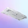 The underside of a white mechanical keyboard is shown against a gradient background. Produktbild-Vorschau