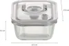 A clear, front-facing shot of a square glass food storage container with a vacuum lid, showing dimensions. Produktbild-Vorschau
