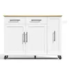 A white kitchen island with a wooden countertop and black handles, shown from the front on a white background. Voir les images du produit