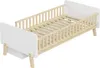 A white and wood-colored children's bed with a slatted base and two end panels, shown from a diagonal angle against a white background. Podgląd zdjęcia produktu