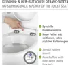 A close-up view of a toilet seat with a hand demonstrating a feature, accompanied by text highlighting product benefits. Produktbild-Vorschau