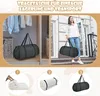 A collage showing a duffel bag in a closet, a woman carrying a duffel bag, and a step-by-step guide to folding a mattress into a bag. Produktbild-Vorschau